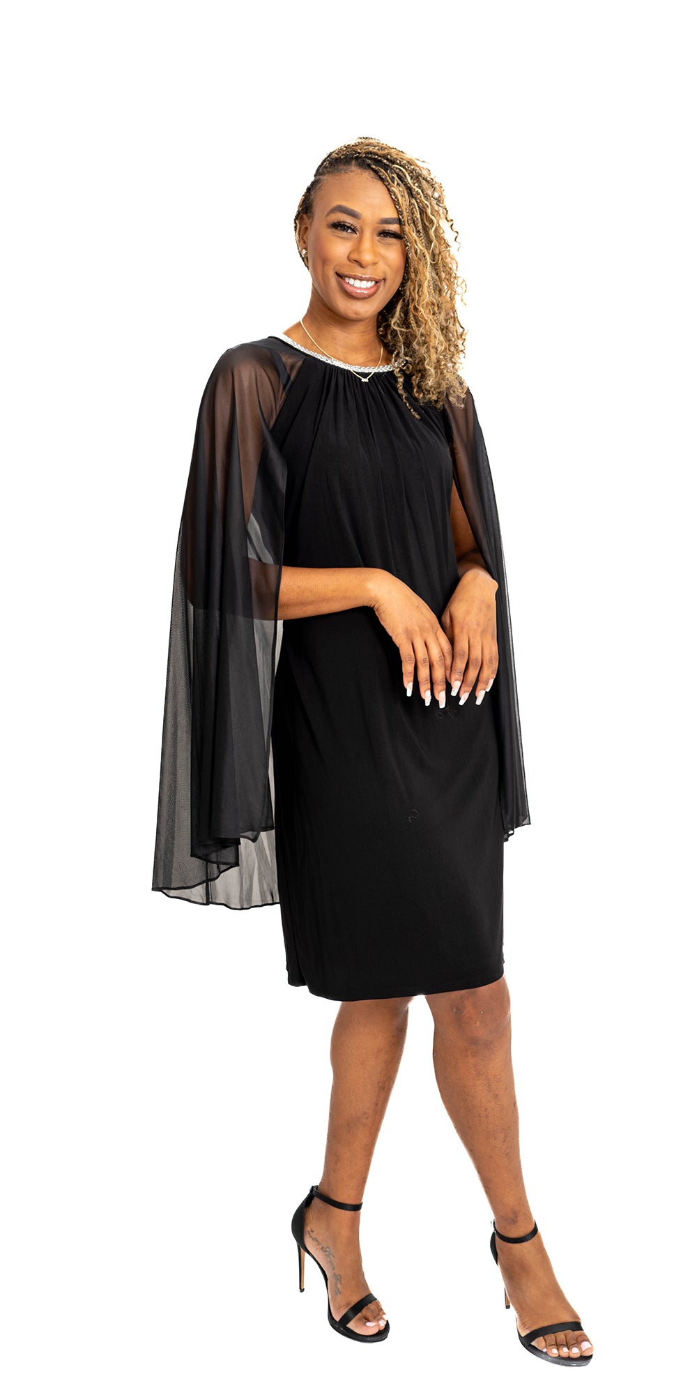 R&M Richards 2496W - Black - PlusSize Chiffon Cape Dress