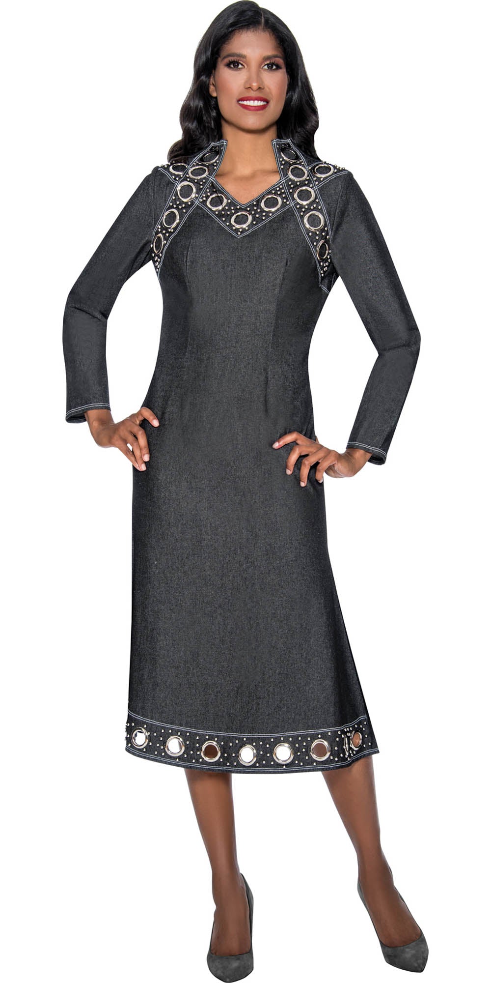 Devine Sport - 63891 - Black - Embellished Grommet Denim Dress