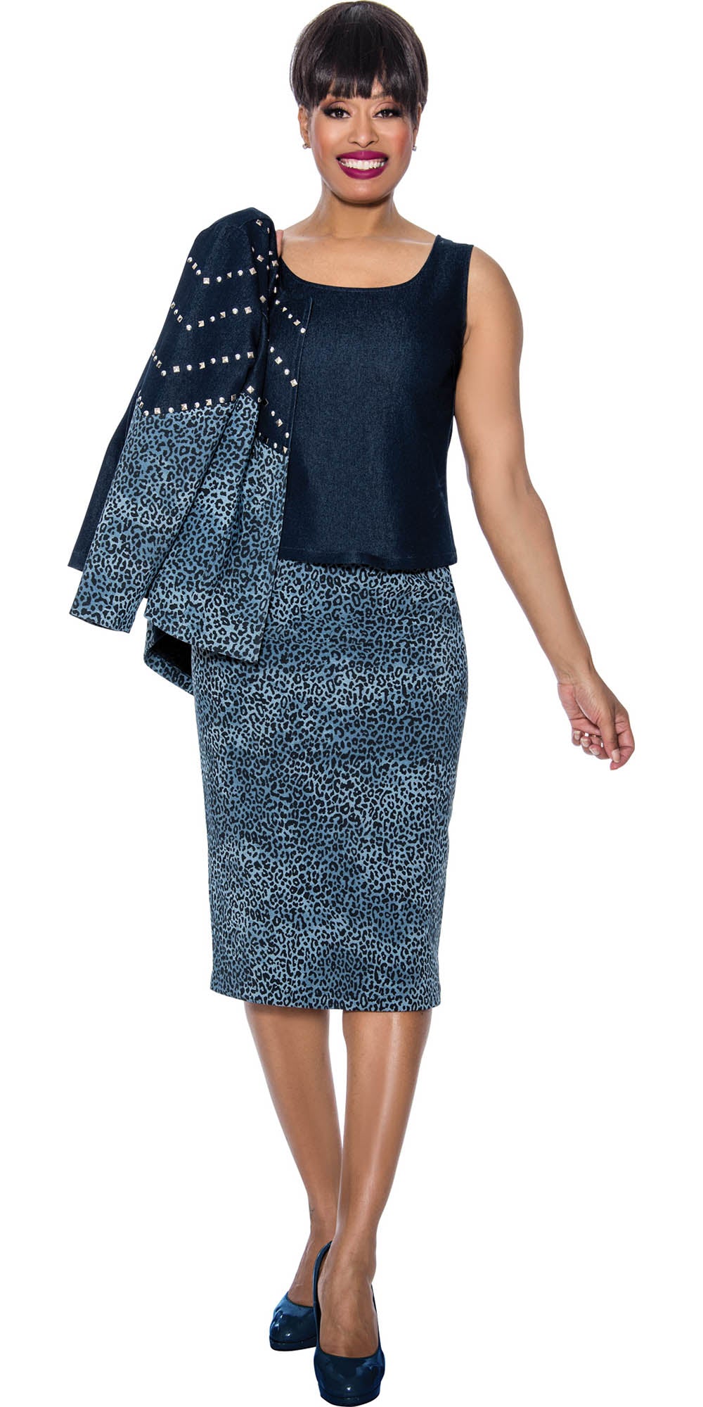 Devine Sport - 63933 - Blue - Animal Print Embellished Denim 3pc Skirt Set