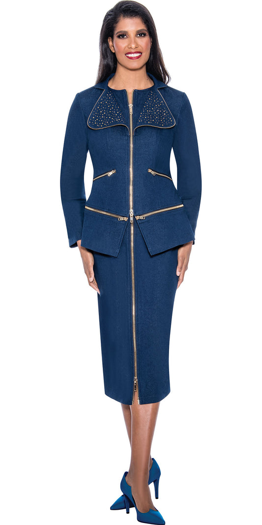 Devine Sport 64002 - Navy - Embellished Denim Skirt Suit with Zipper Accents