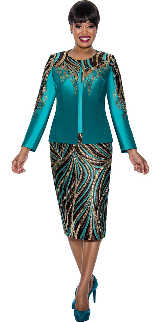 Divine Queen - 2193 - Embellished Print 3pc Skirt Suit