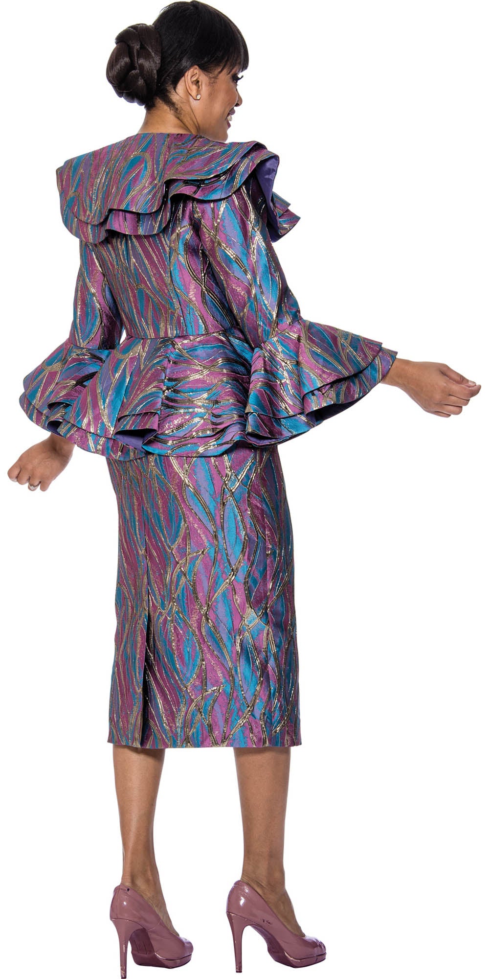 Divine Queen - 2212 - Print Layered Shoulder and Cuffs Ruffled Peplum 2pc Skirt Suit