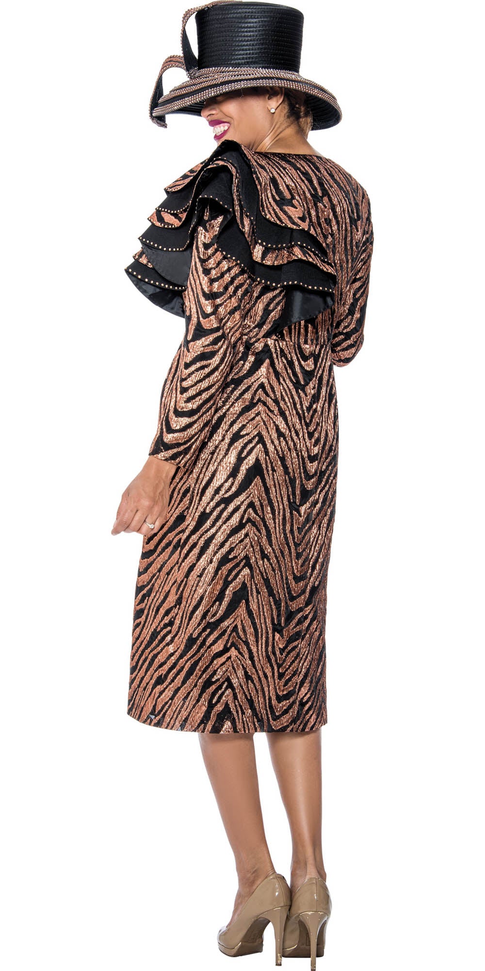 Divine Queen - 2262 - Embossed Animal Print 2pc Ruffle Shoulder Jacket Dress