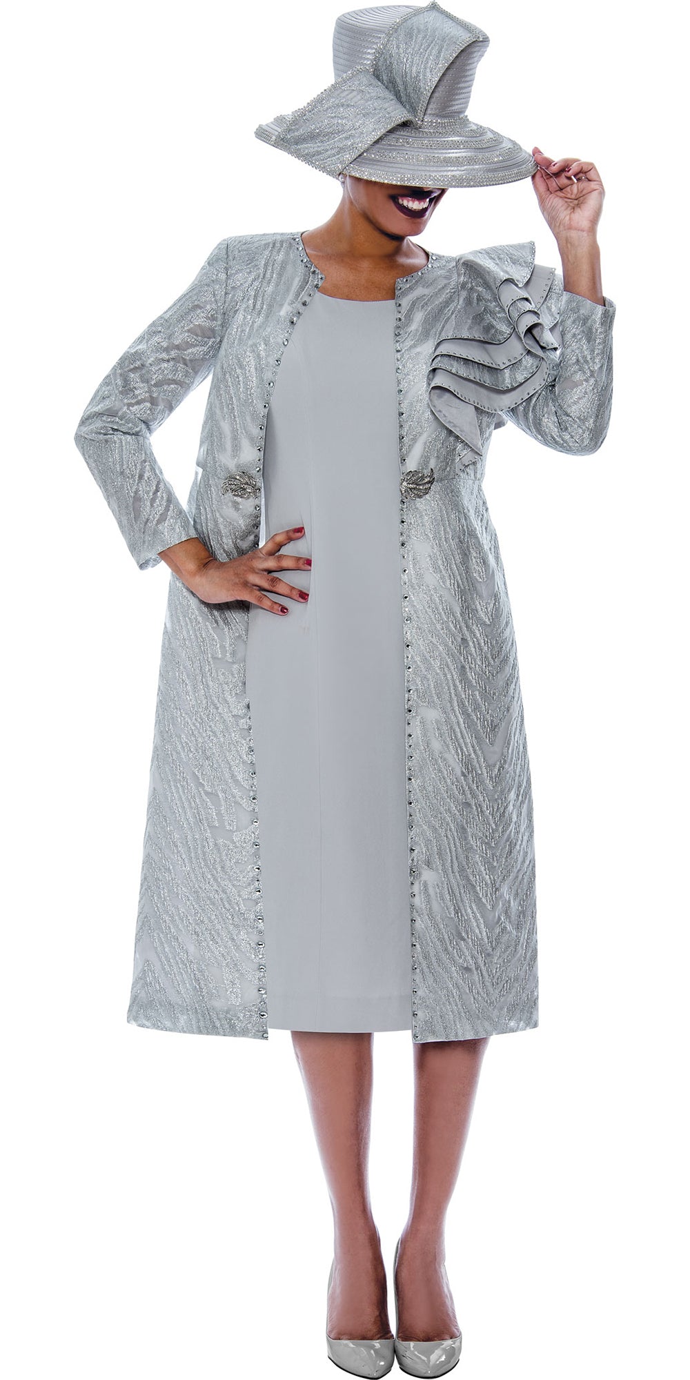 Divine Queen 2262 - Light Silver - 2PC Metallic Jacquard Jacket With Shoulder Ruffle and Silky Twill Dress