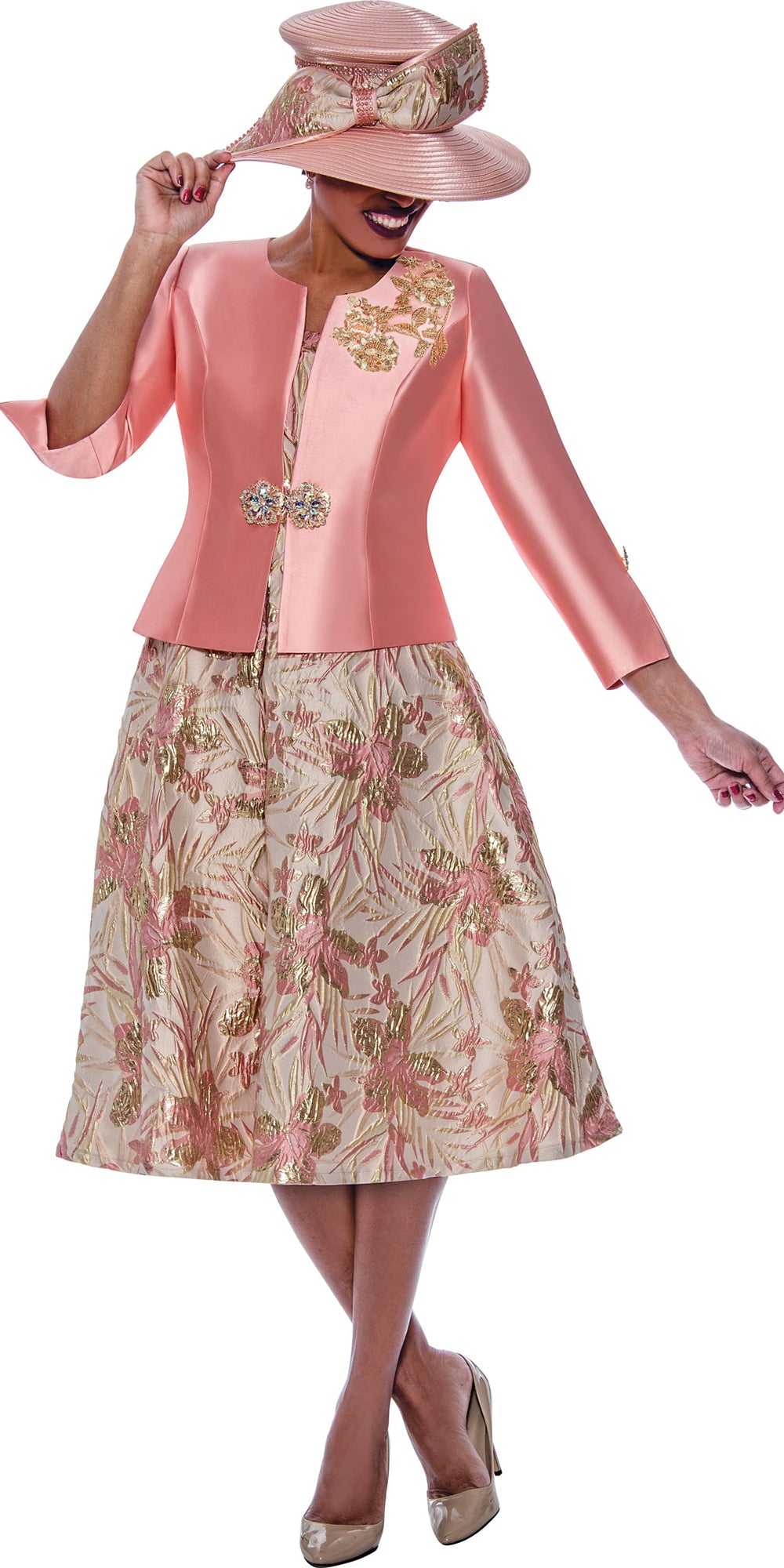 Divine Queen 2362 - Pink Gold - 2 Piece Metallic Jacquard Dress and Twill Jacket