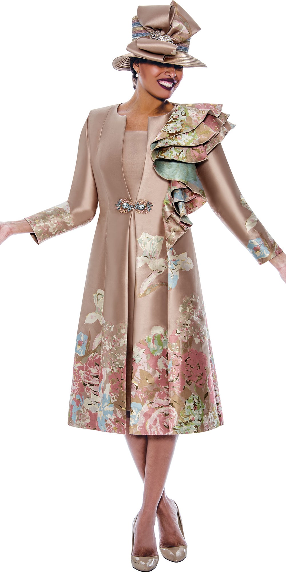 Divine Queen 2382 - Pink Green - 2 PC Jacquard Jacket with Shoulder Ruffle and Twill Dress