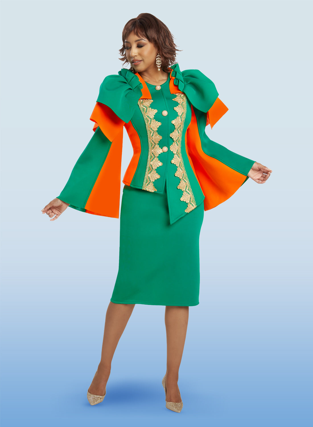Donna Vinci - 12034 - Kelly Orange - Two-tone Scuba Fabric with Lace Trim 2pc Skirt Suit