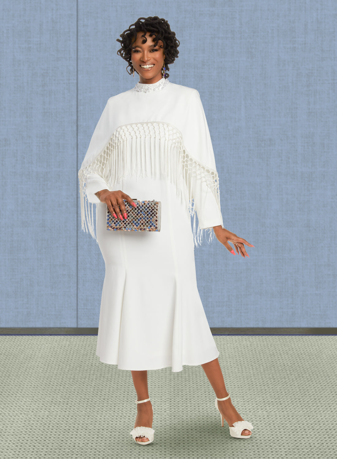Donna Vinci - 12040 - Off-White - Fringe Cape Dress