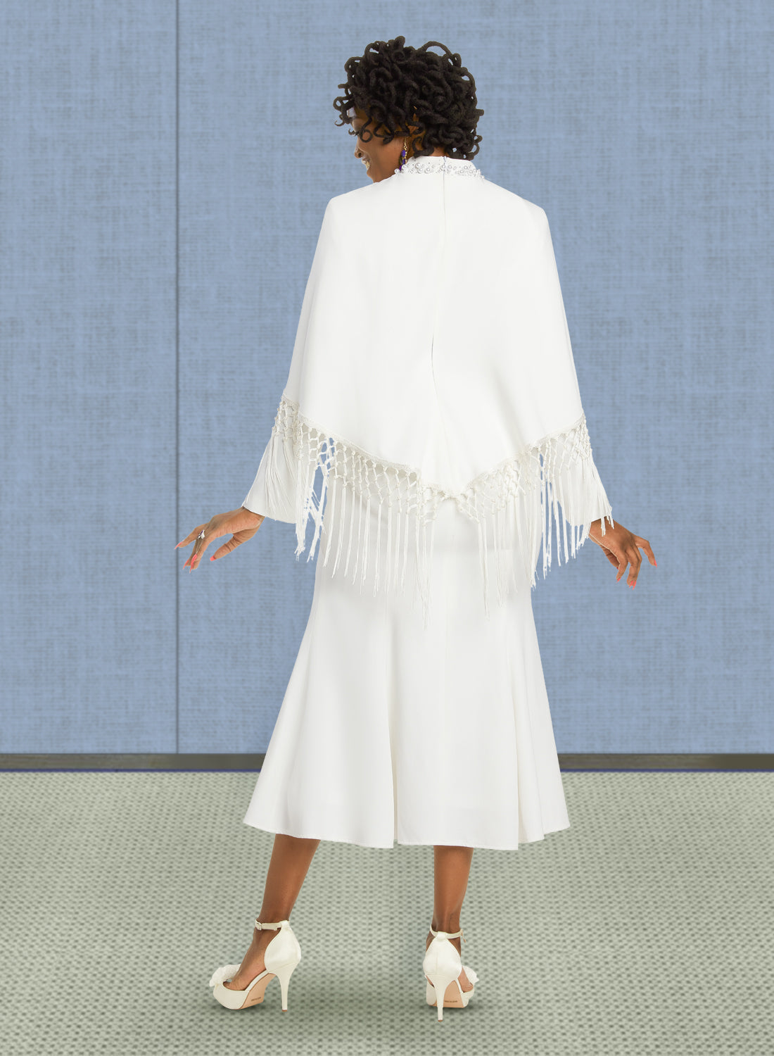 Donna Vinci - 12040 - Off-White - Fringe Cape Dress