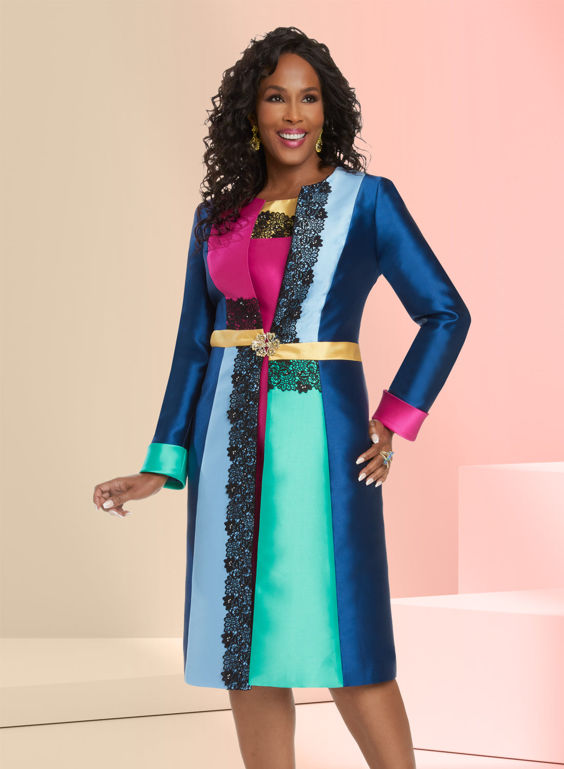 Donna Vinci - 12047 - Colorblock with Lace Trim 2pc Jacket Dress