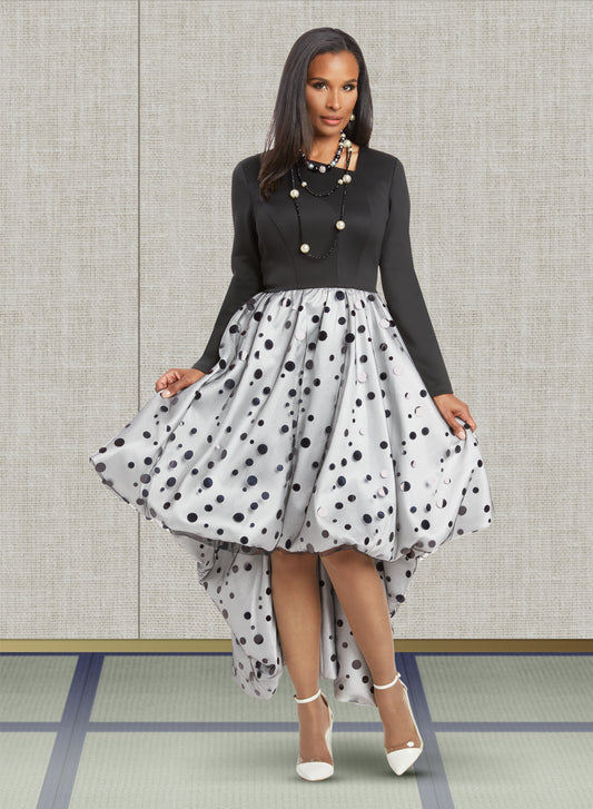 Donna Vinci - 12049 - Black White - Dot Print High-low Dress