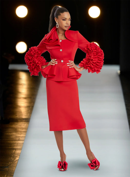 Donna Vinci - 12054 - Red - Scuba Ruffle Sleeve 2pc Skirt Suit