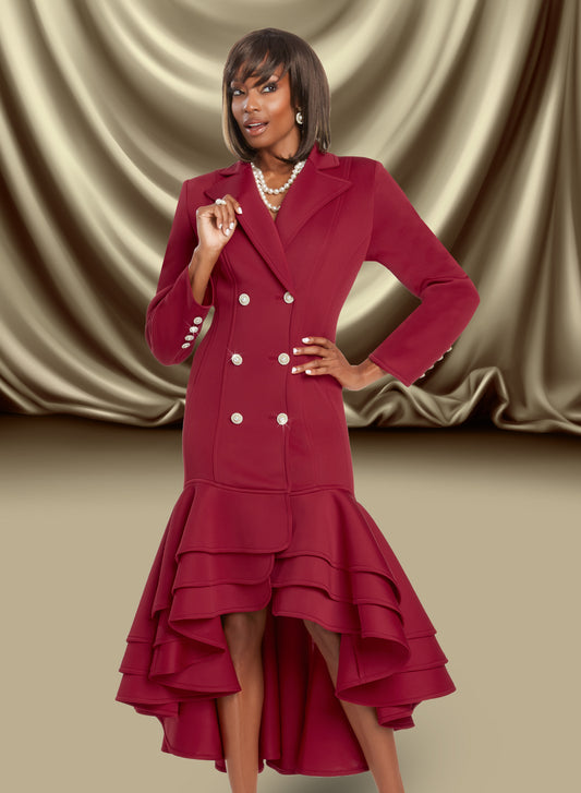 Donna Vinci - 12055 - Cranberry - Scuba High-low Lapel Collar Dress