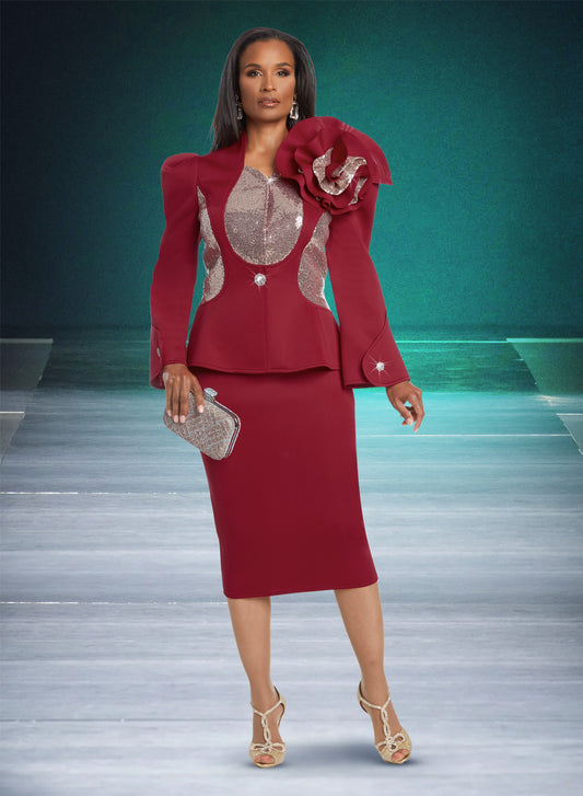 Donna Vinci - 12058 - Cranberry - Scuba Fabric with Sequin Insert 2pc Skirt Suit