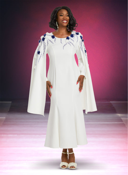 Donna Vinci - 12060 - Off White - Rhinestone Embellished Cape Sleeve Dress