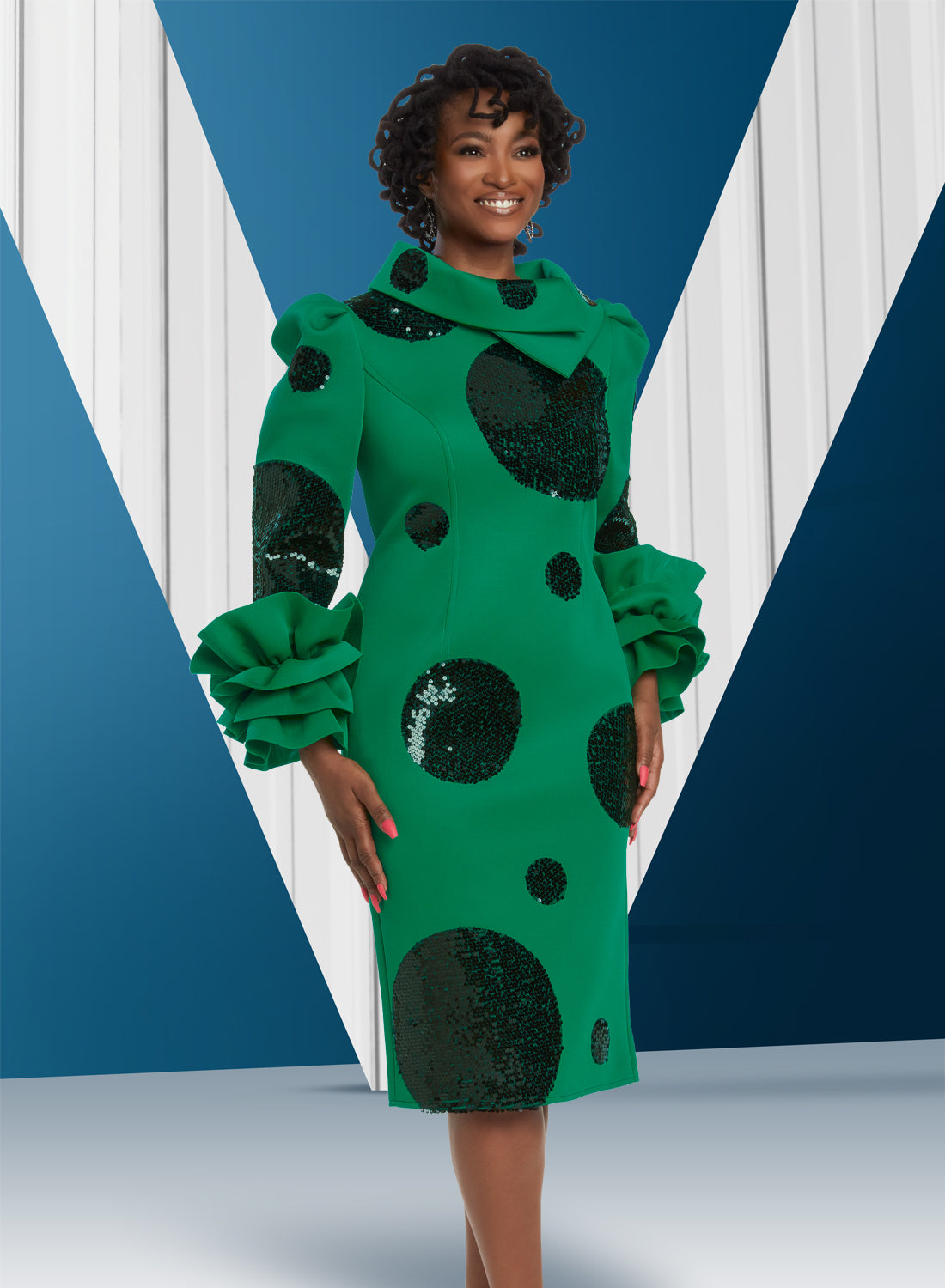 Donna Vinci - 12064 - Kelly Green - Sequin Dots Scuba Dress