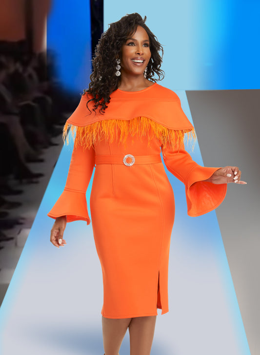 Donna Vinci - 12066 - Orange Feather Trim Cape Dress