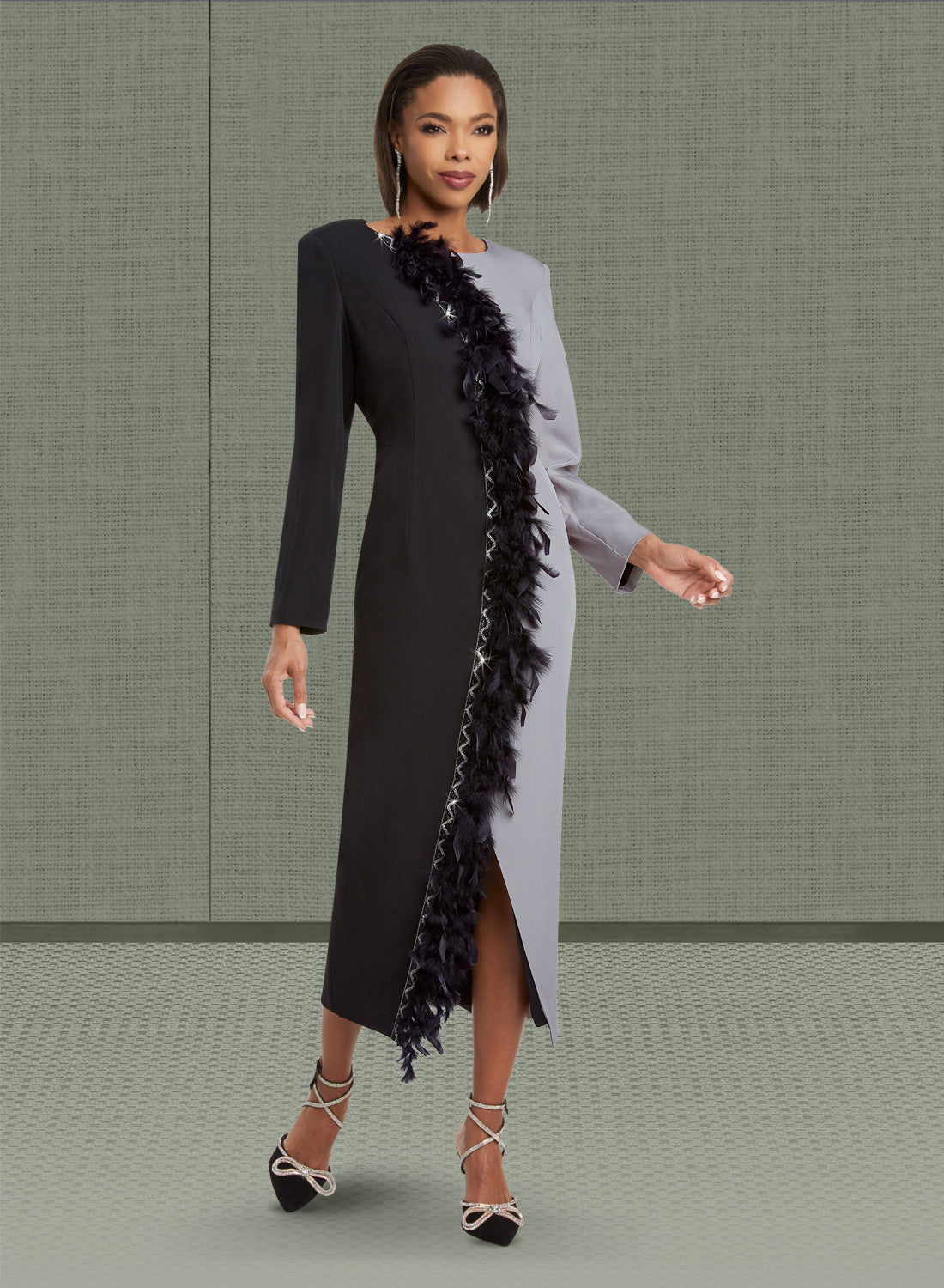 Donna Vinci - 12072 - Silver Black - Rhinestone and Feather Trim Dress