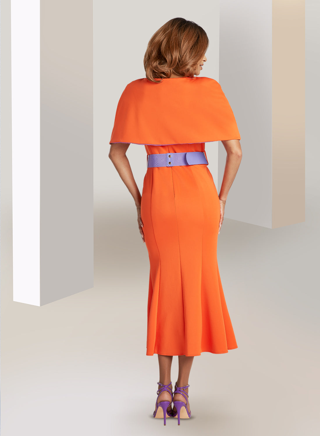 Donna Vinci 12076 - Orange - Rhinestone Trim Caplet Dress