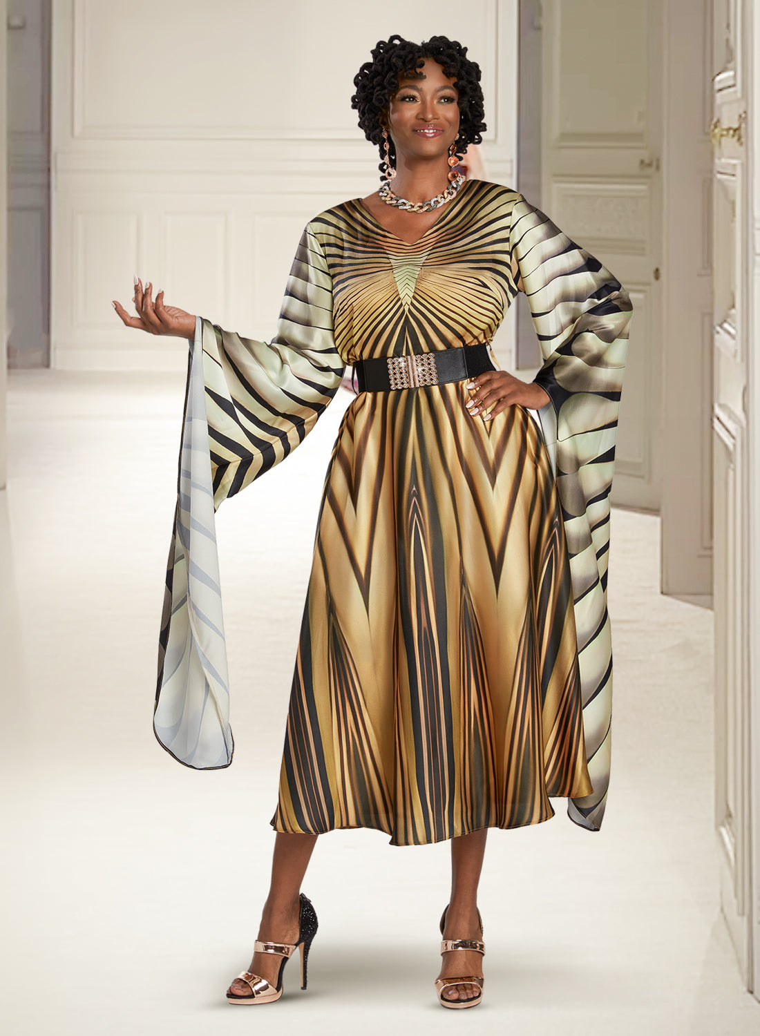 Donna Vinci 12078 - Gold - Cloak Sleeve Dress with Belt