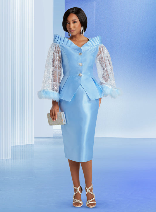 Donna Vinci 12081 - Light Blue -  Feather, Lace, & Rhinestone Skirt Suit