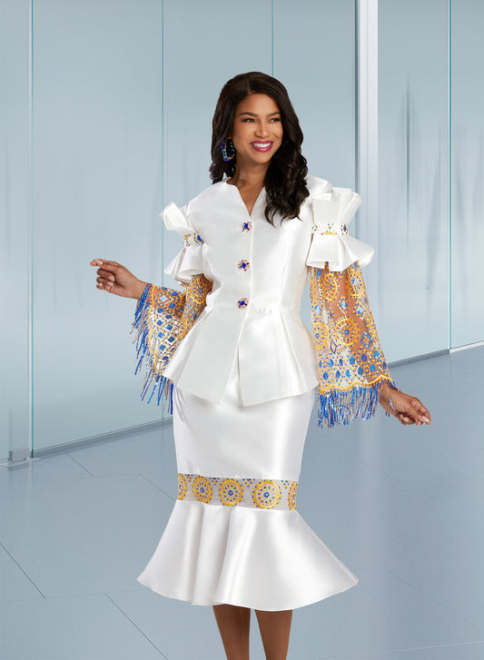 Donna Vinci 12083 - White - Sheer Sleeve Fringe Trim Skirt Suit