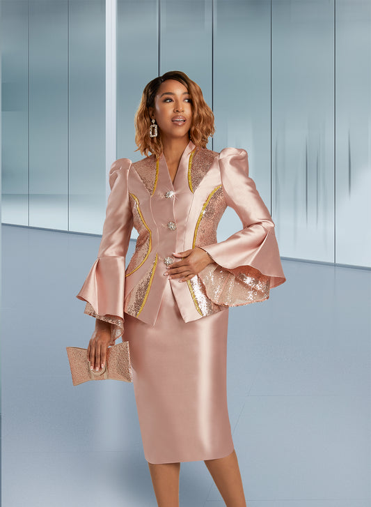 Donna Vinci 12084 - Blush - 2PC Silk Look Skirt Suit with Peak Shoulders