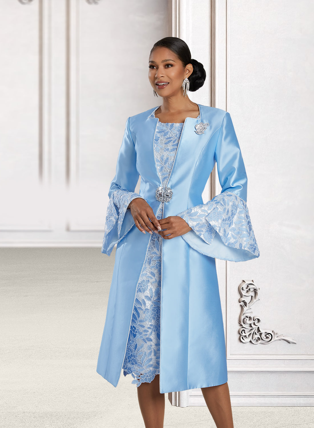 Donna Vinci 12093 Sky Blue - Embroidery Dress Bell Sleeve Jacket