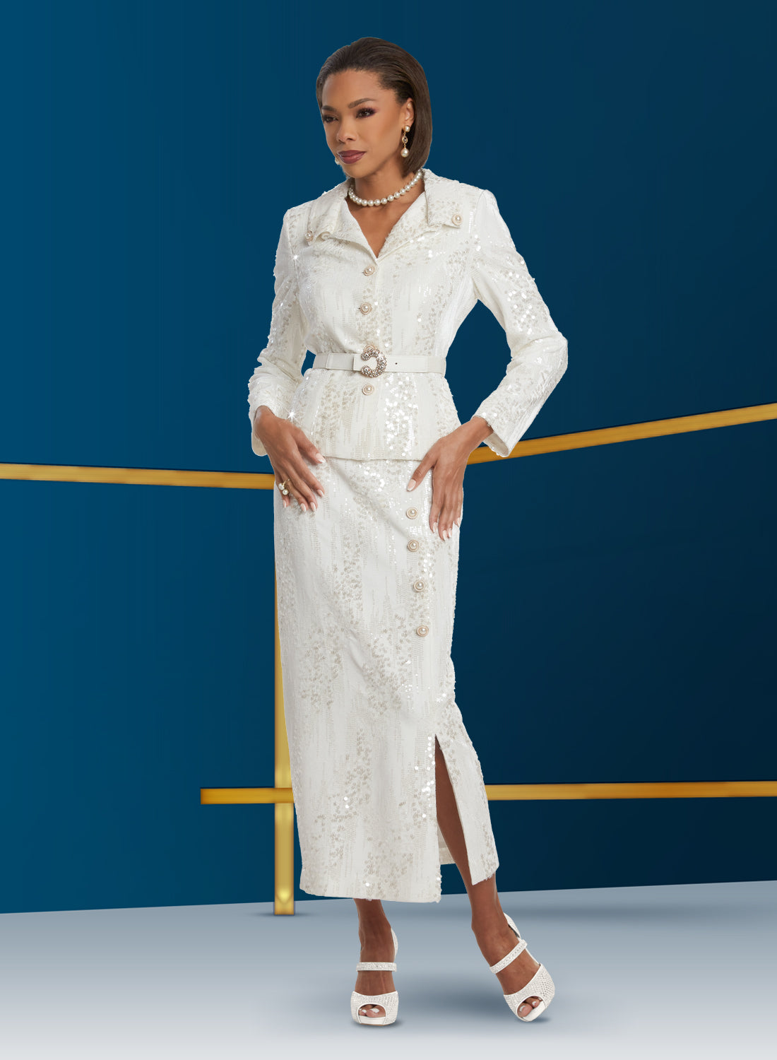 Donna Vinci - 5814 - Off White - Pearl Button 2pc Skirt Suit