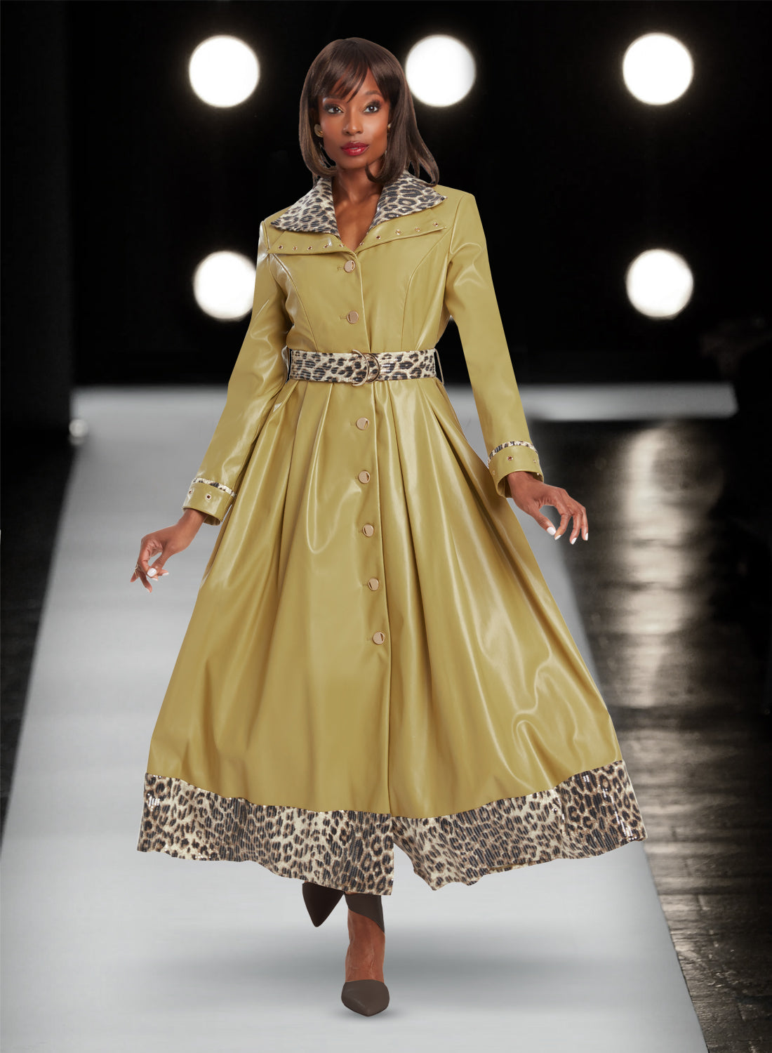 Donna Vinci - 5831 - Golden Olive - Animal Print Trim Faux Leather Maxi Dress