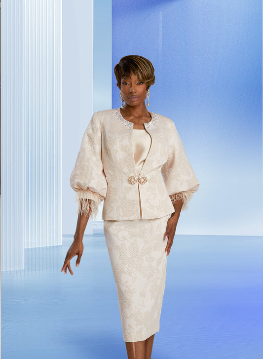 Donna Vinci 5837 - Beige - 3pc Pearl Trim Skirt Suit