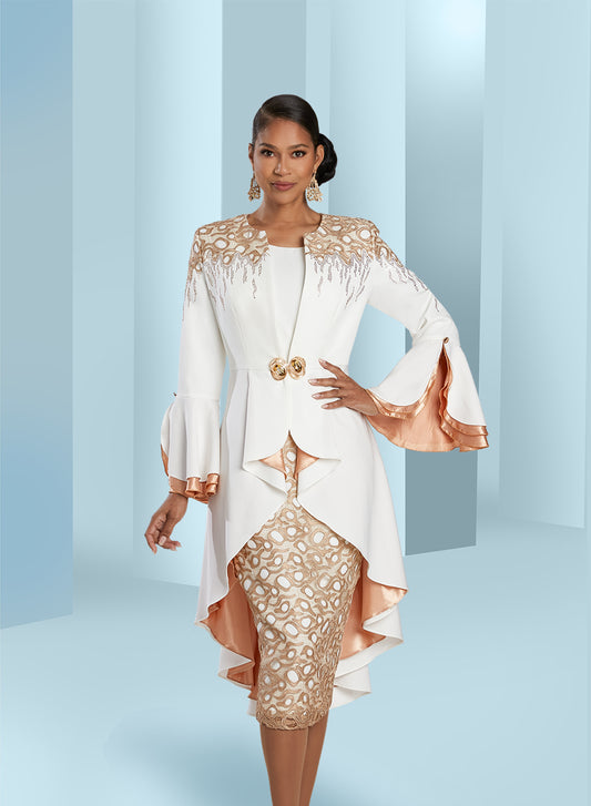 Donna Vinci 5842 - Off White Gold - 3pc Peach Skin Embroidery Skirt Suit
