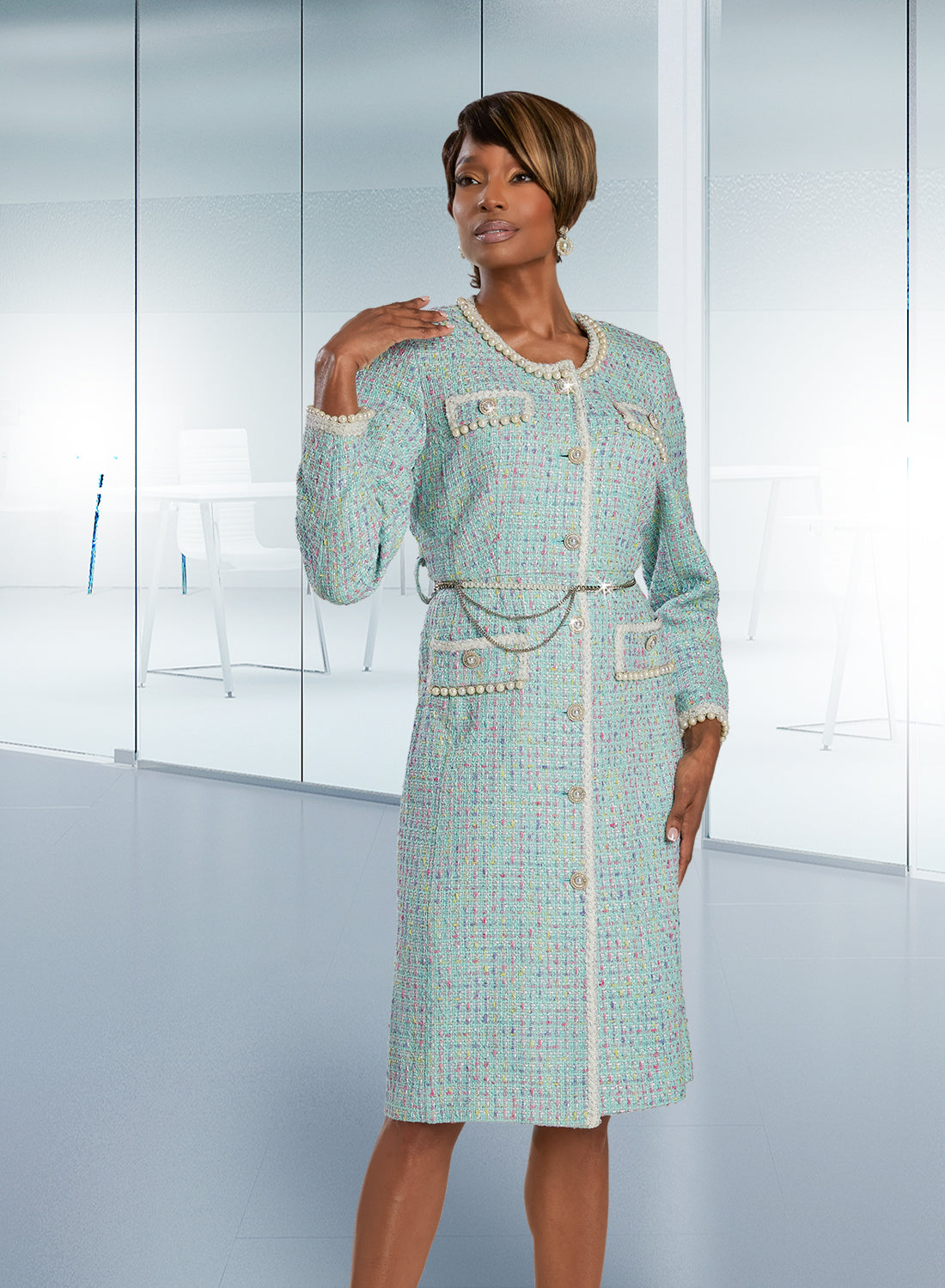 Donna Vinci 5855 - Mint - Boucle Fabric Pearl Trim Dress with Belt