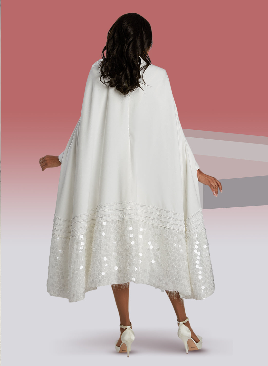 Donna Vinci 5857 - White - Peach Skin Cape Dress with Payette Sequins –