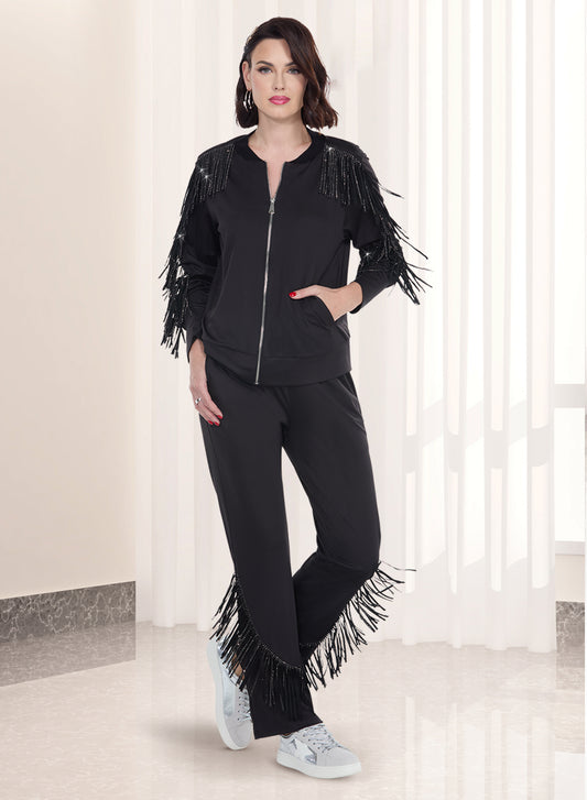 Donna Vinci Sport 21045 - Black - Cotton Blend Fabric Jog Set With Stretch Trimmed With Rhinestone Fringes