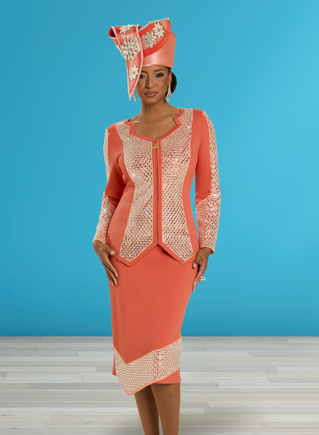 Donna Vinci 13420 - Peach - Rhinestone Trim Knit Dress