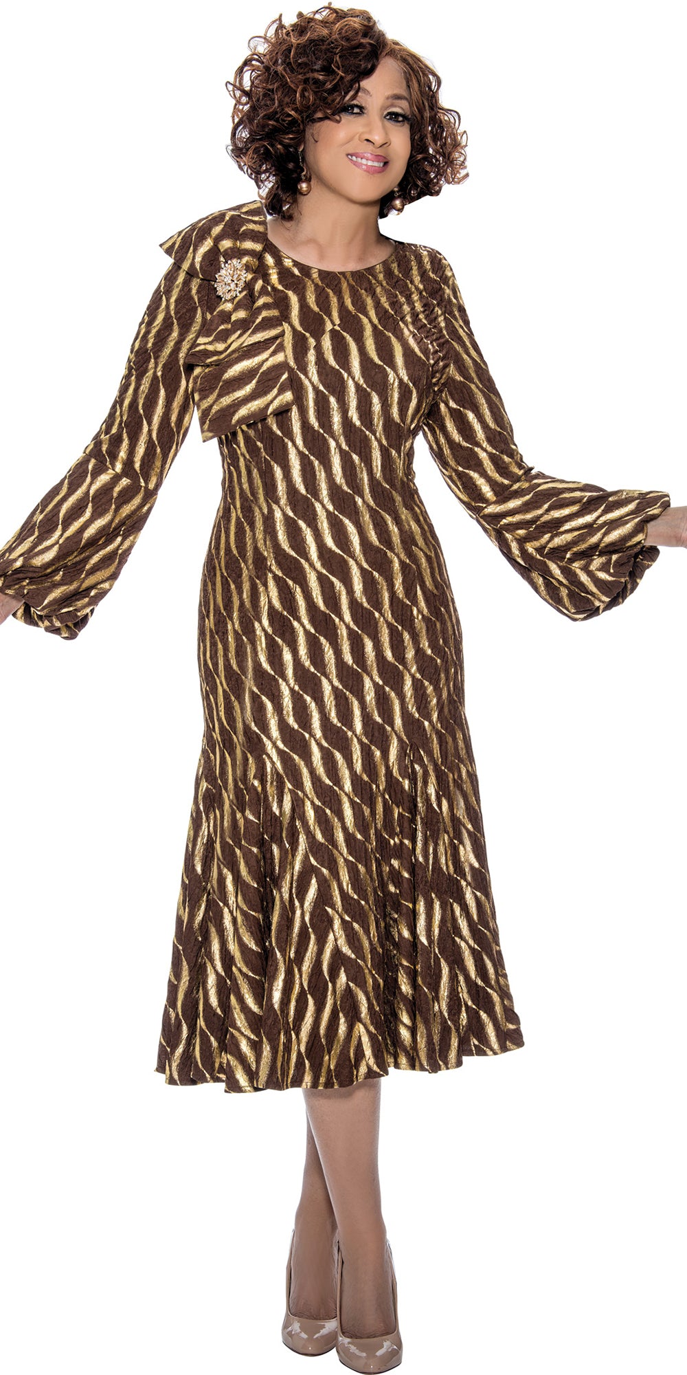 Dorinda Clark Cole 309021 - Brown - Knit Dress with Embellished Bow