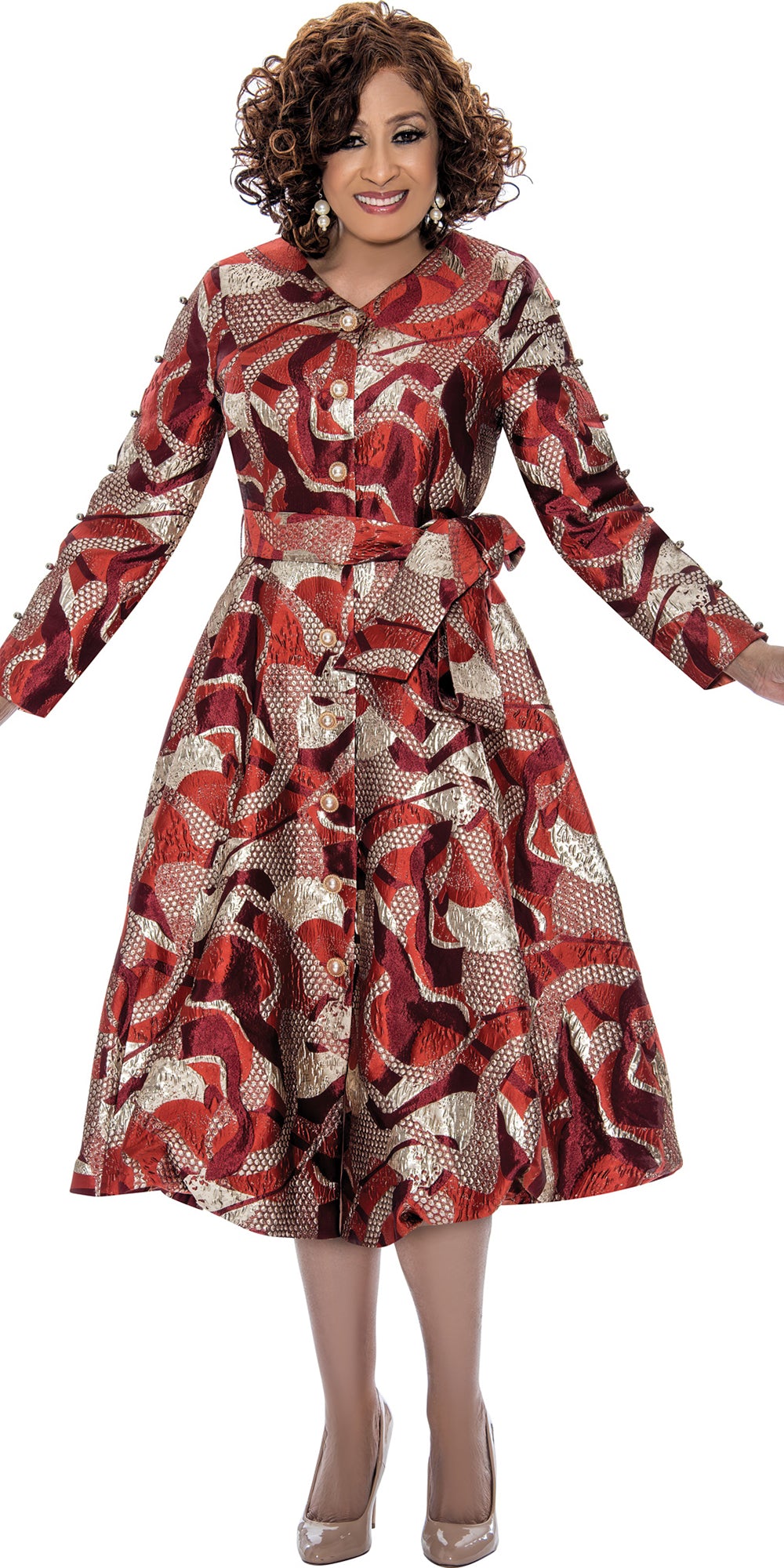 Dorinda Clark Cole 309081 - Red - Jacquard Print Dress with Sash Belt