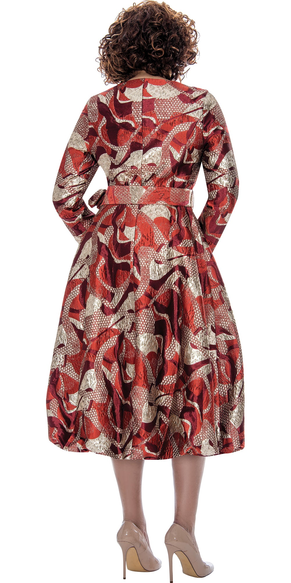 Dorinda Clark Cole 309081 - Red - Jacquard Print Dress with Sash Belt