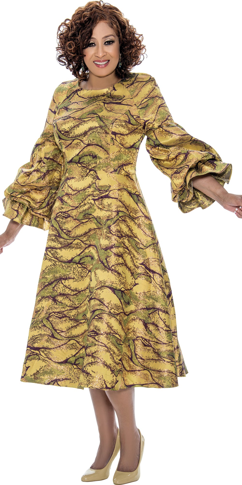 Dorinda Clark Cole 309121 - Gold Multi - Three Quarter Sleeve Ruffle Cuff Dress