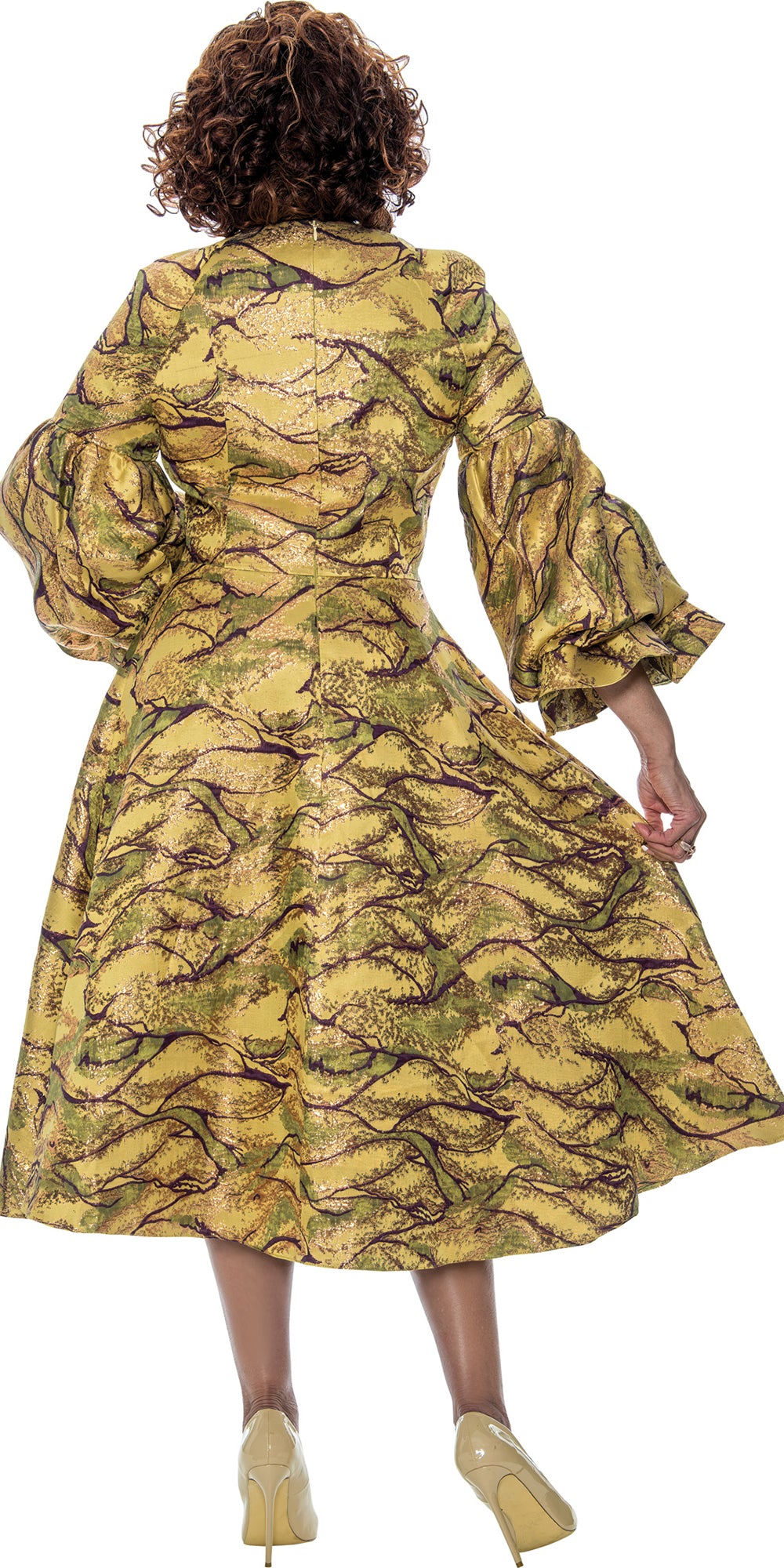 Dorinda Clark Cole 309121 - Gold Multi - Three Quarter Sleeve Ruffle Cuff Dress