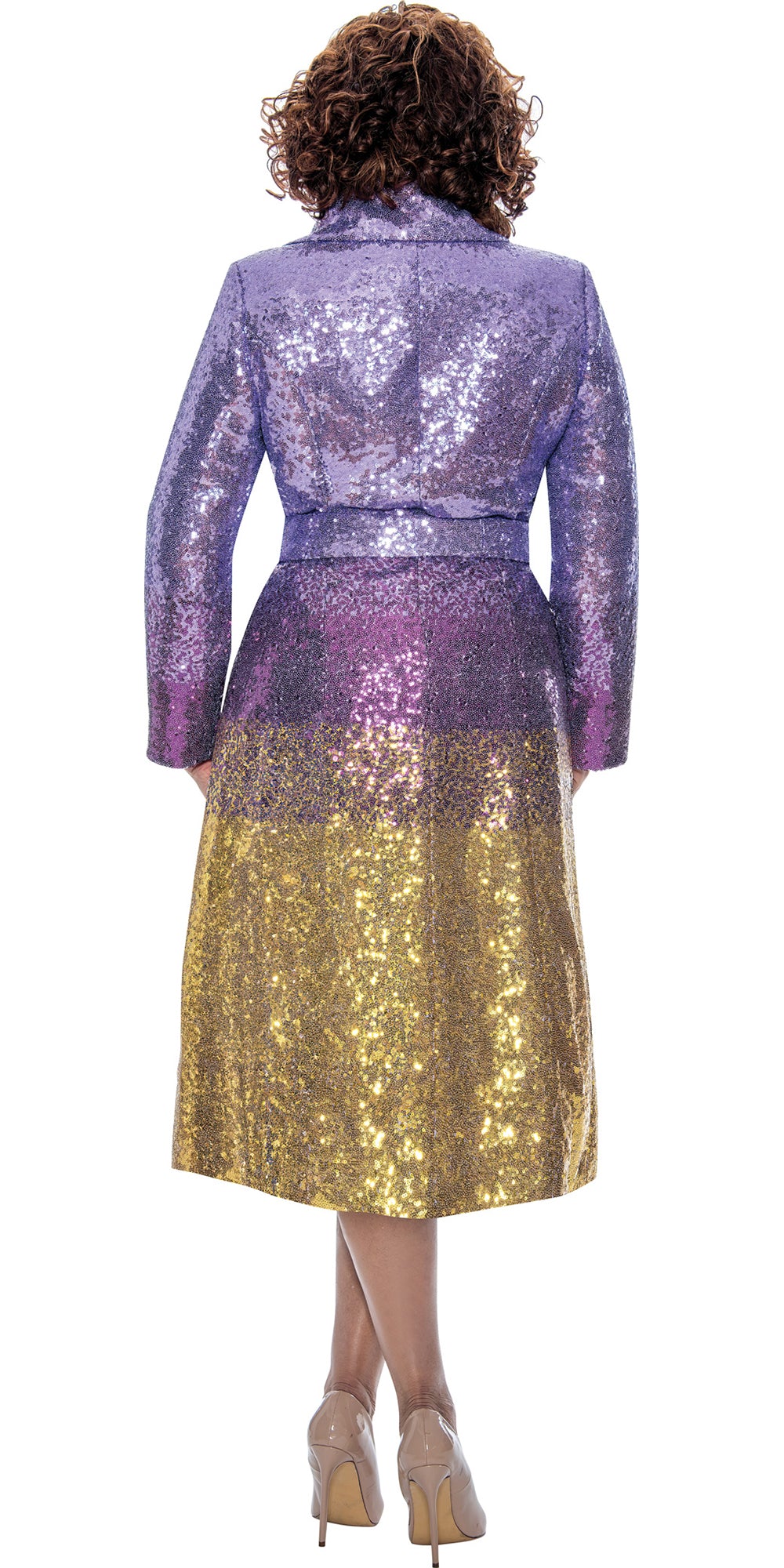 Dorinda Clark Cole 309131 - Purple Gold - Ombre Sequin Dress with Sash Belt