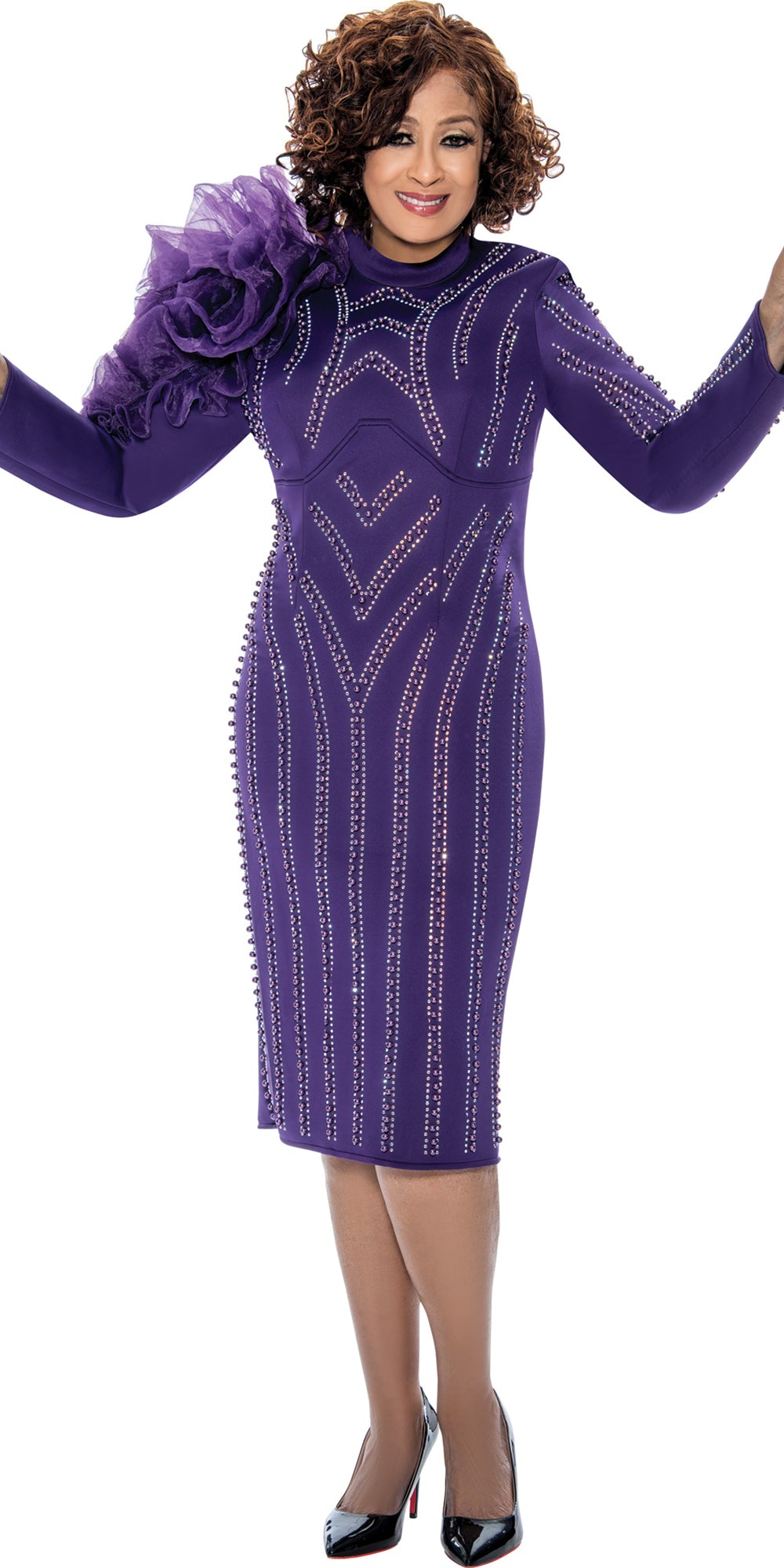 Dorinda Clark Cole 309161 - Purple - Embellished Scuba Fabric Dress with Shoulder Mesh Ruffle