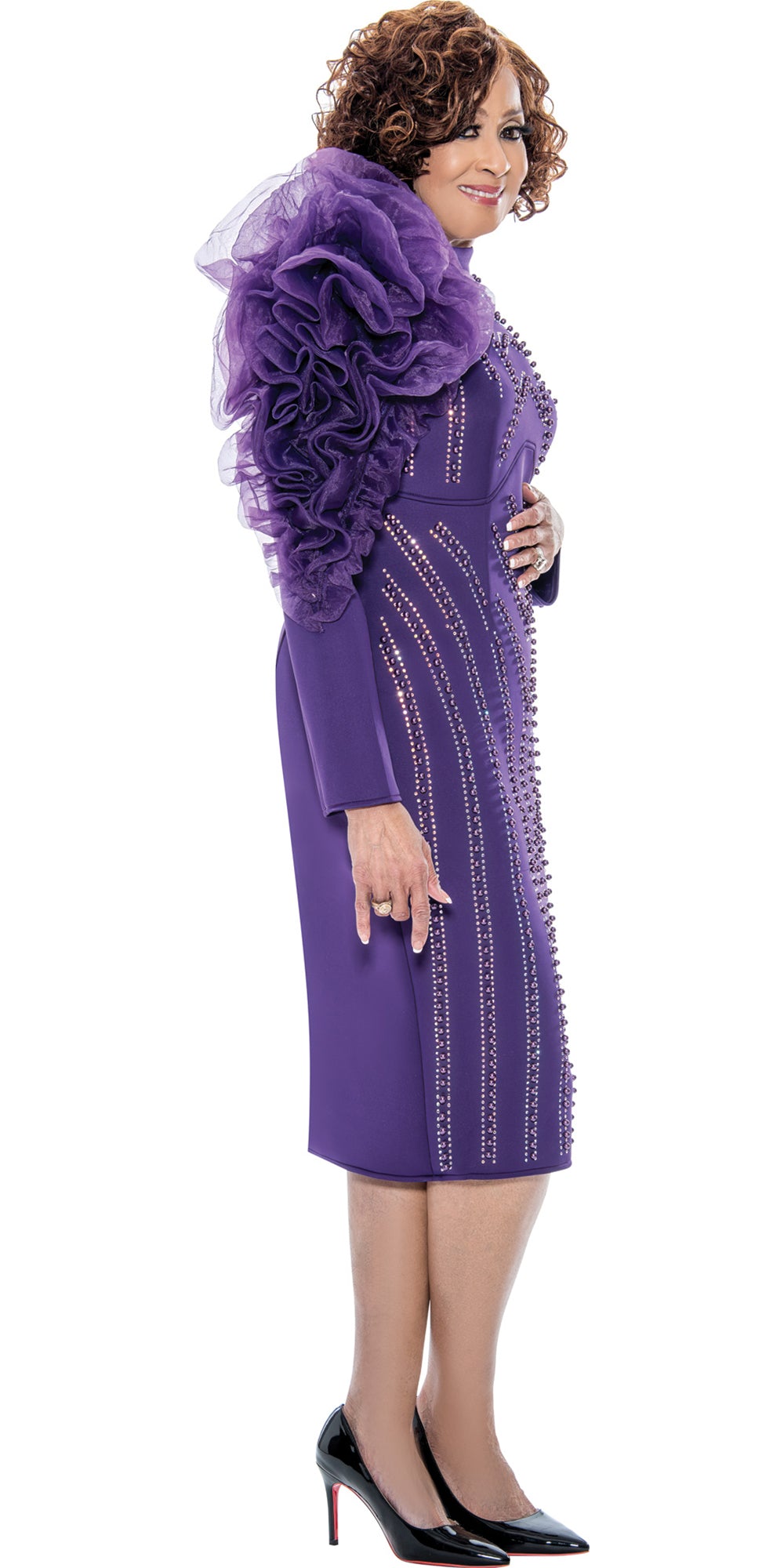 Dorinda Clark Cole 309161 - Purple - Embellished Scuba Fabric Dress with Shoulder Mesh Ruffle