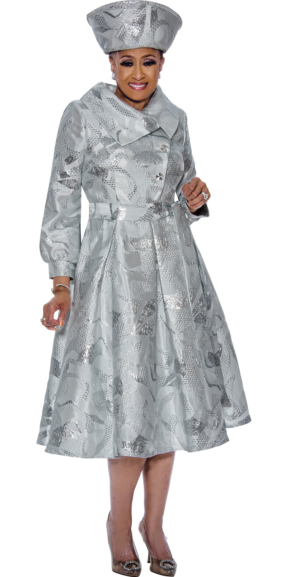 Dorinda Clark Cole - 5111 - Silver - Jacquard Print Tie Waist Dress