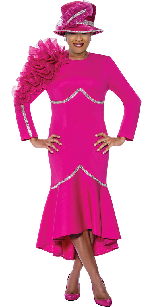 Dorinda Clark Cole 5481 - Magenta - Embellished Scuba Dress with Shoulder Ruffle