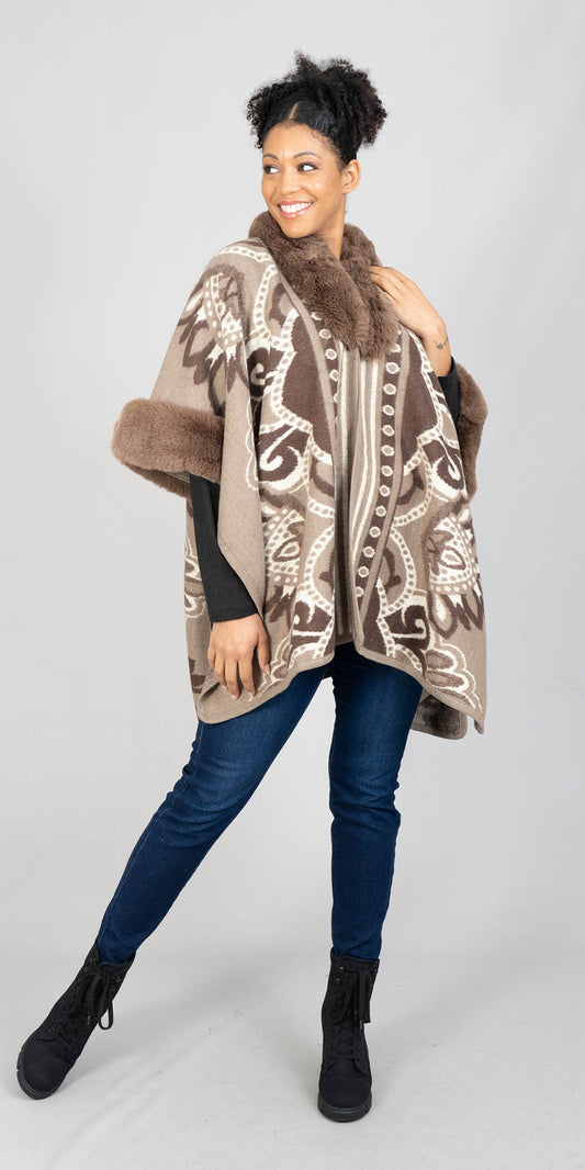Fashion A103 - Camel - Faux Fur Trim Cape