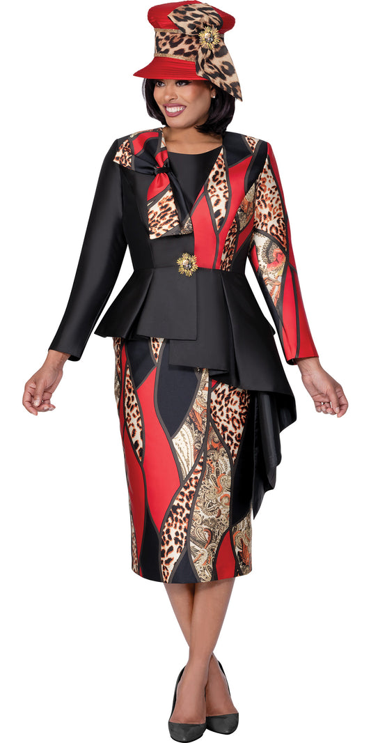 GMI 400563 - Multi Red - 3 pc Animal Color Block Skirt Suit