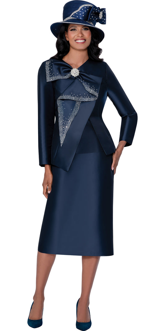 GMI 400593 - Navy - 3 pc Twill Bow & Crystal Skirt Suit