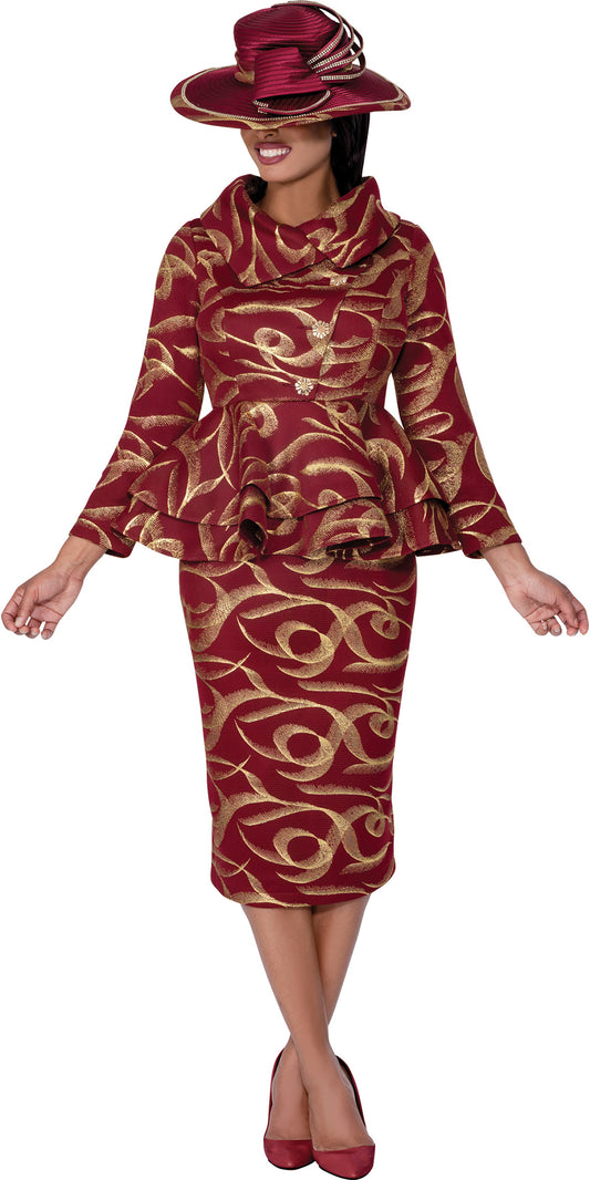 GMI 400632 - Burgundy Gold - Mesh Foil Design Skirt Suit